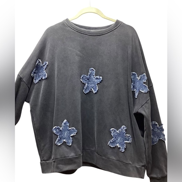 blue velvet Tops - Blue Velvet oversized terry sweatshirt. Charcoal gray with denim star appliqué.